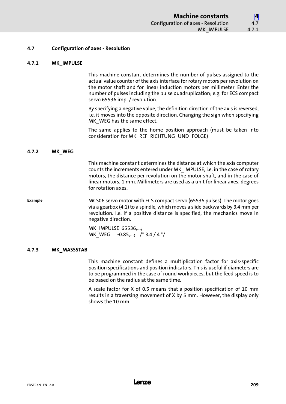 7 configuration of axes - resolution, 1 mk_impulse, 2 mk_weg | 3 mk_massstab, Configuration of axes − resolution, Mk_impulse, Mk_weg, Mk_massstab, Machine constants | Lenze ETC Motion Control User Manual | Page 209 / 428