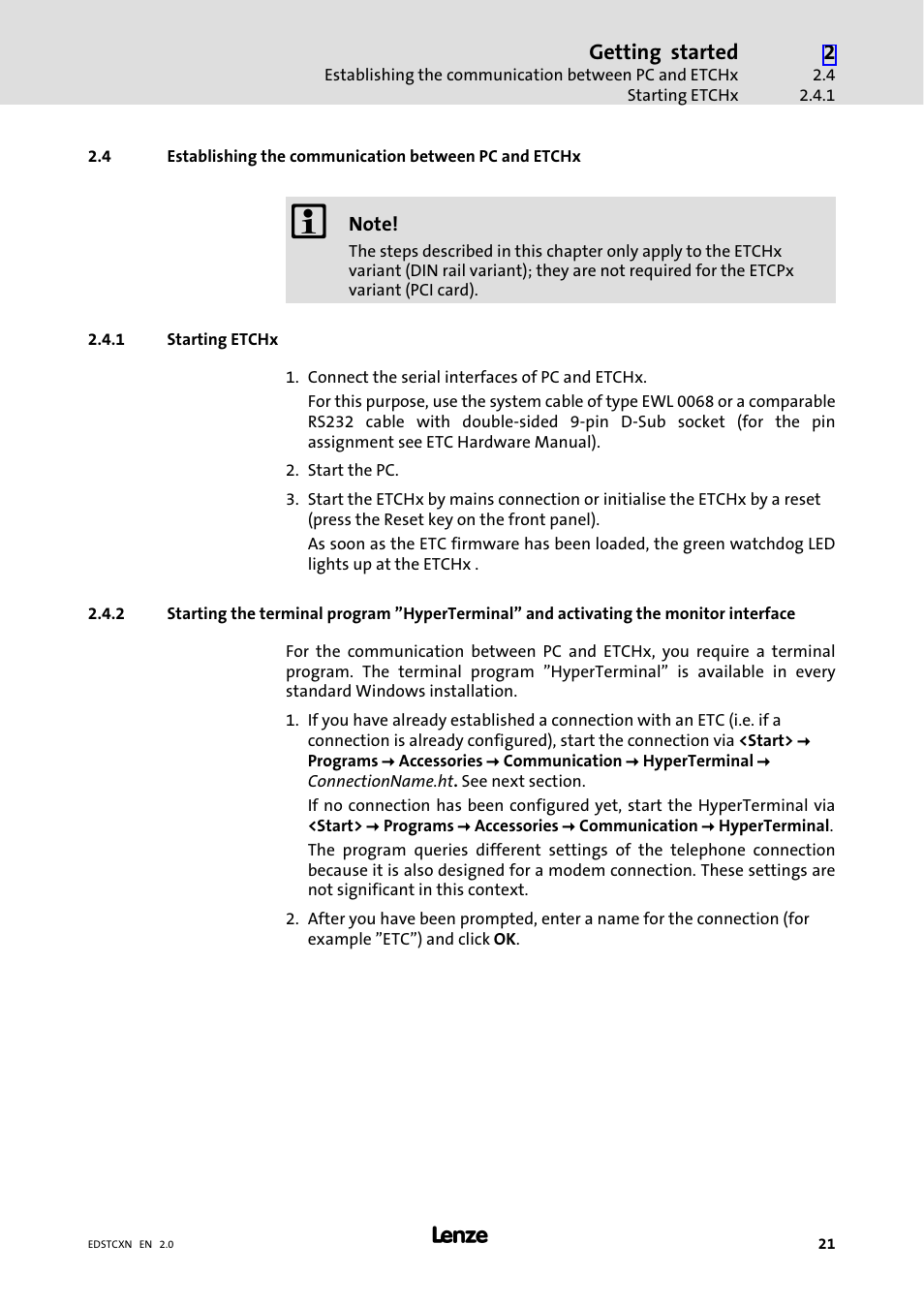 1 starting etchx, Starting etchx, Getting started | Lenze ETC Motion Control User Manual | Page 21 / 428