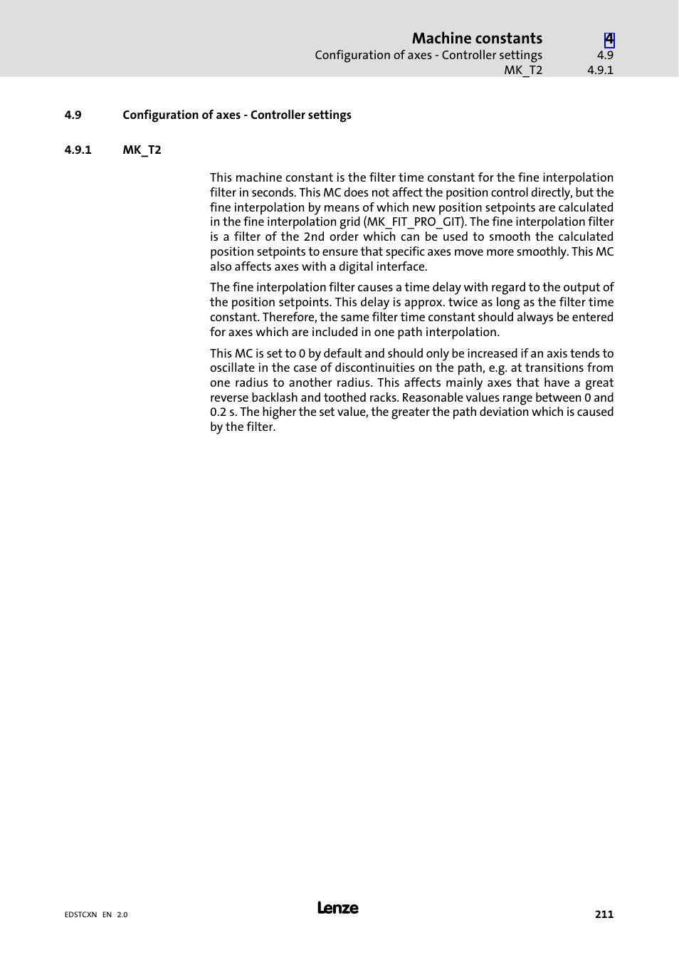 9 configuration of axes - controller settings, 1 mk_t2, Configuration of axes − controller settings | Mk_t2 | Lenze ETC Motion Control User Manual | Page 211 / 428