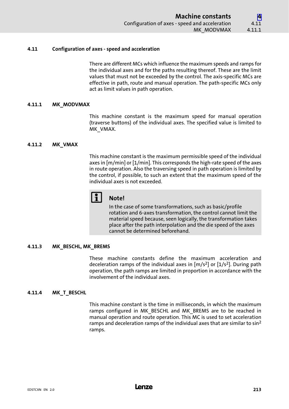 11 configuration of axes - speed and acceleration, 1 mk_modvmax, 2 mk_vmax | 3 mk_beschl, mk_brems, 4 mk_t_beschl, Configuration of axes − speed and acceleration, Mk_modvmax, Mk_vmax, Mk_beschl, mk_brems, Mk_t_beschl | Lenze ETC Motion Control User Manual | Page 213 / 428