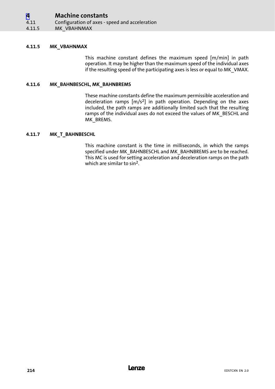 5 mk_vbahnmax, 6 mk_bahnbeschl, mk_bahnbrems, 7 mk_t_bahnbeschl | Mk_vbahnmax, Mk_bahnbeschl, mk_bahnbrems, Mk_t_bahnbeschl, Machine constants | Lenze ETC Motion Control User Manual | Page 214 / 428