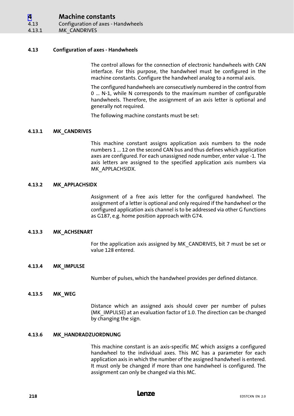 13 configuration of axes - handwheels, 1 mk_candrives, 2 mk_applachsidx | 3 mk_achsenart, 4 mk_impulse, 5 mk_weg, 6 mk_handradzuordnung, Configuration of axes − handwheels, Mk_candrives, Mk_applachsidx | Lenze ETC Motion Control User Manual | Page 218 / 428