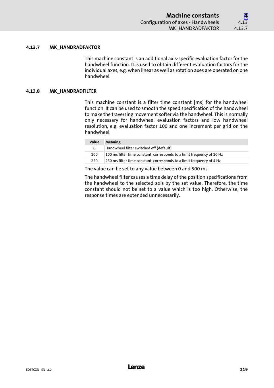 7 mk_handradfaktor, 8 mk_handradfilter, Mk_handradfaktor | Mk_handradfilter, Machine constants | Lenze ETC Motion Control User Manual | Page 219 / 428