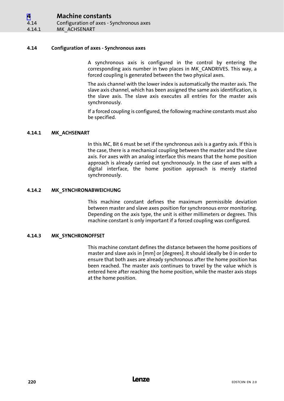 14 configuration of axes - synchronous axes, 1 mk_achsenart, 2 mk_synchronabweichung | 3 mk_synchronoffset, Configuration of axes − synchronous axes, Mk_achsenart, Mk_synchronabweichung, Mk_synchronoffset, Machine constants | Lenze ETC Motion Control User Manual | Page 220 / 428