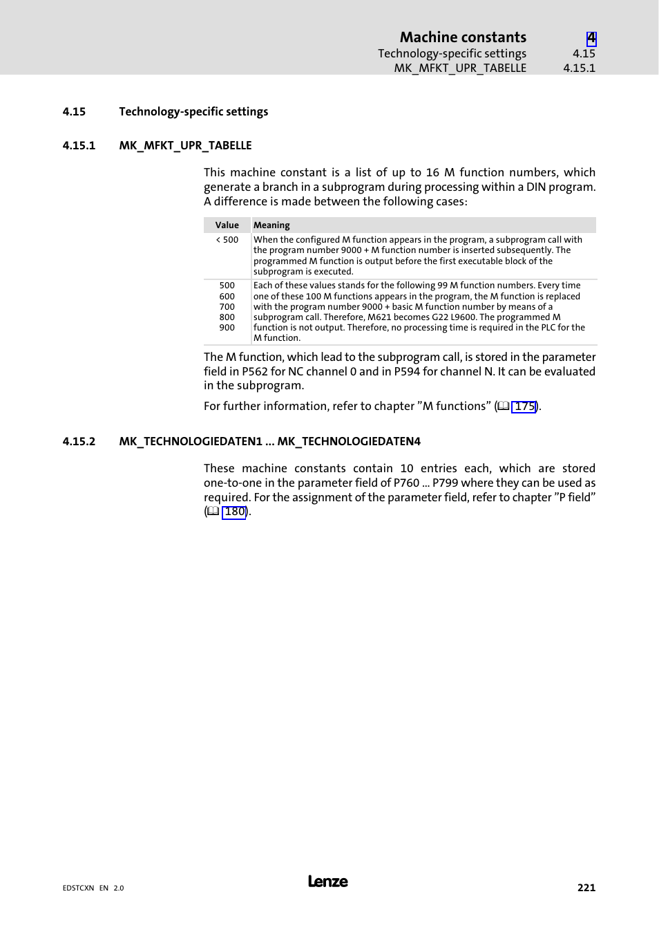 15 technology-specific settings, 1 mk_mfkt_upr_tabelle, 2 mk_technologiedaten1 ... mk_technologiedaten4 | Technology−specific settings, Mk_mfkt_upr_tabelle, Mk_technologiedaten1 ... mk_technologiedaten4, Machine constants | Lenze ETC Motion Control User Manual | Page 221 / 428