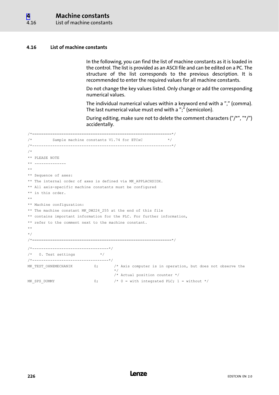 16 list of machine constants, List of machine constants, Machine constants | Lenze ETC Motion Control User Manual | Page 226 / 428