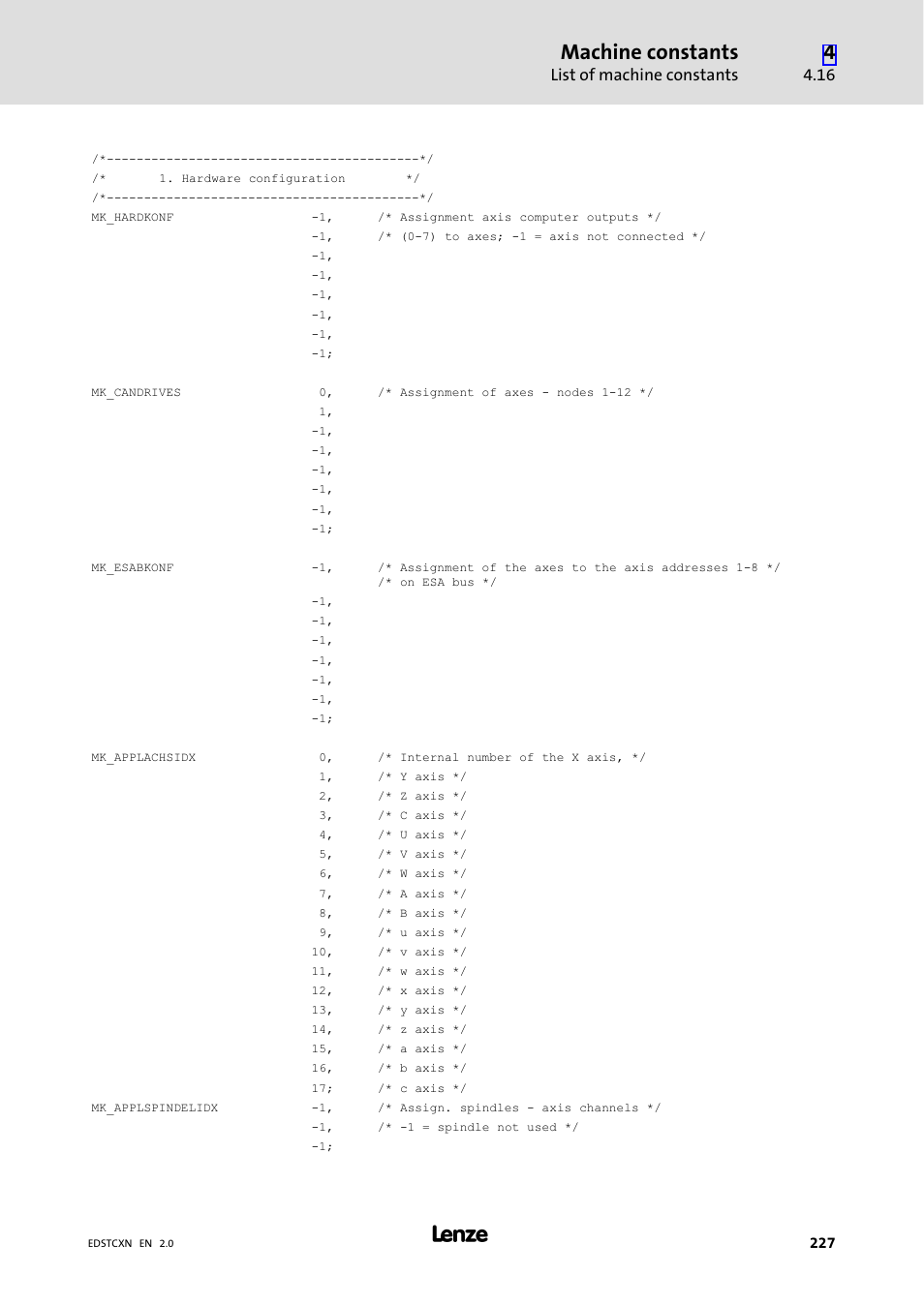 Machine constants, List of machine constants | Lenze ETC Motion Control User Manual | Page 227 / 428