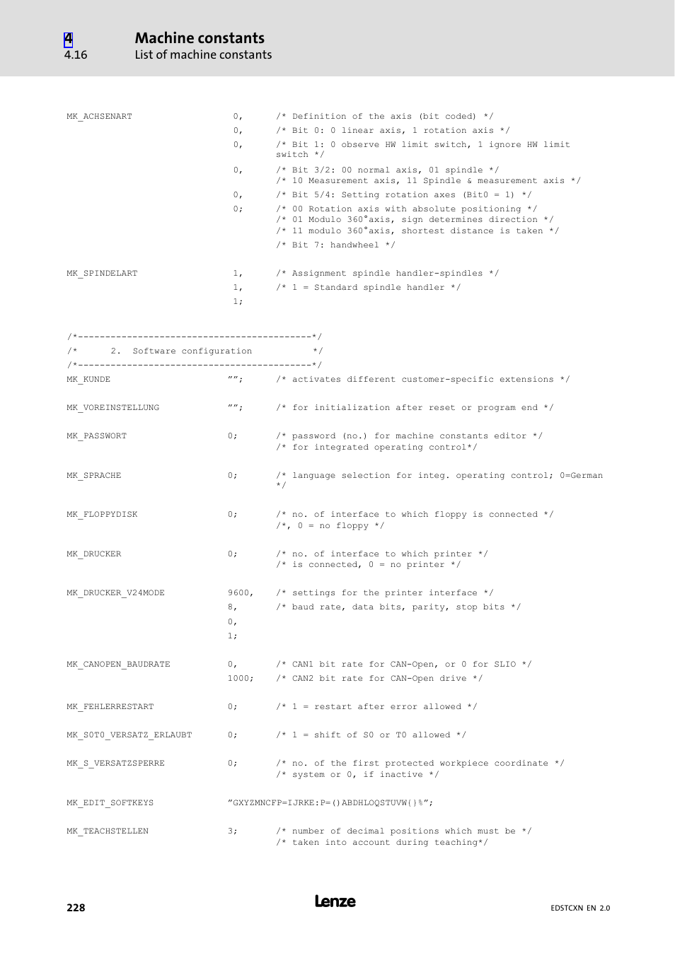 Machine constants, List of machine constants | Lenze ETC Motion Control User Manual | Page 228 / 428