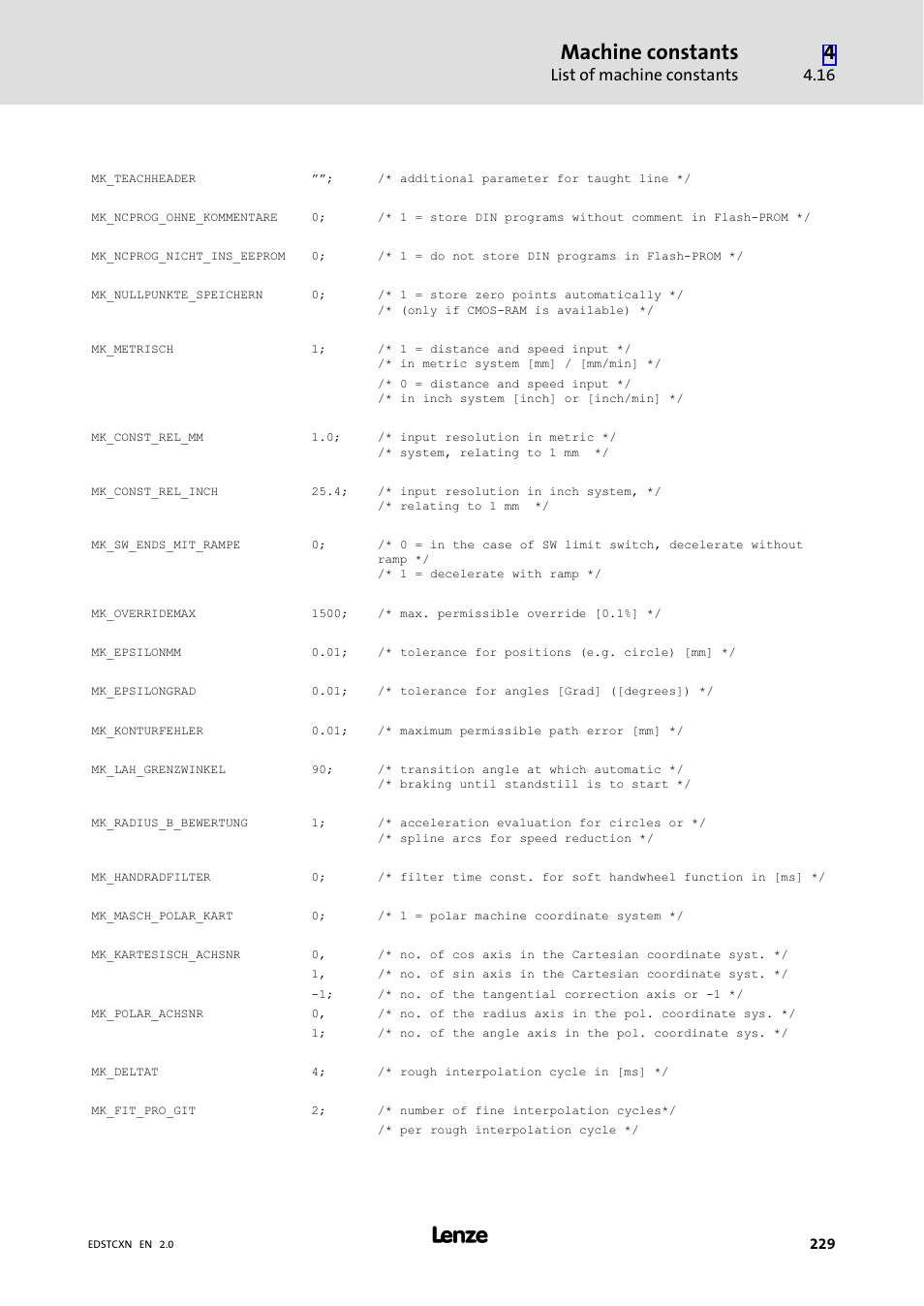 Machine constants, List of machine constants | Lenze ETC Motion Control User Manual | Page 229 / 428