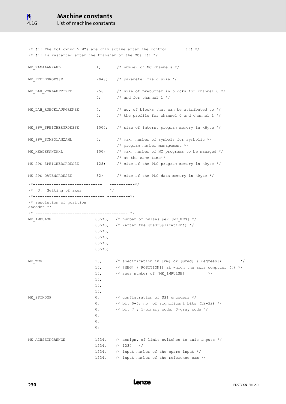 Machine constants, List of machine constants | Lenze ETC Motion Control User Manual | Page 230 / 428