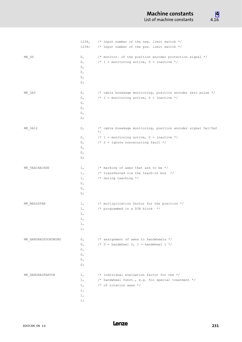 Machine constants, List of machine constants | Lenze ETC Motion Control User Manual | Page 231 / 428