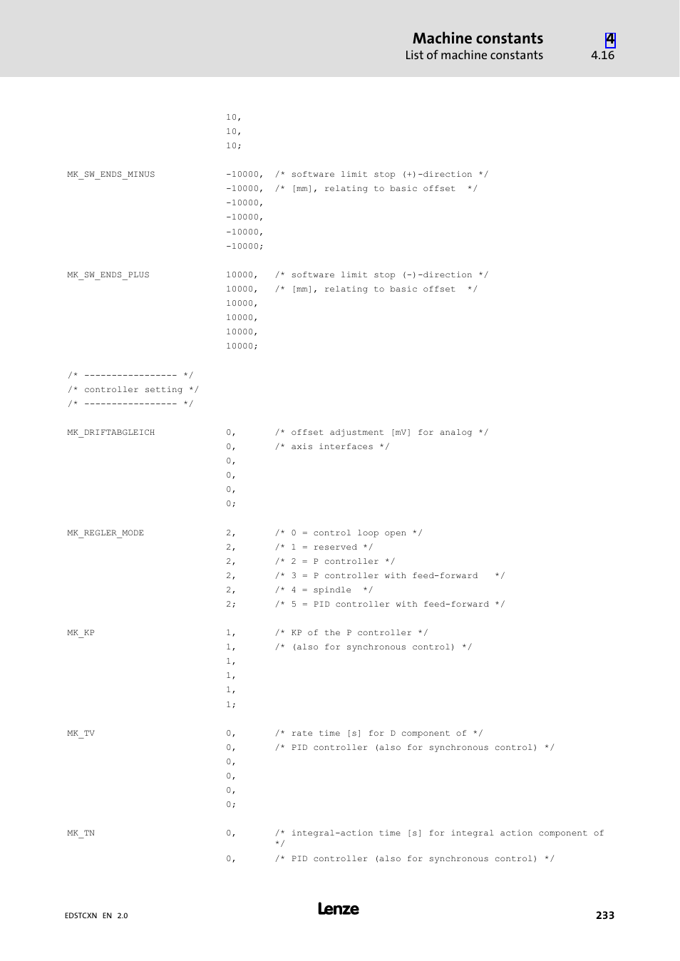 Machine constants, List of machine constants | Lenze ETC Motion Control User Manual | Page 233 / 428
