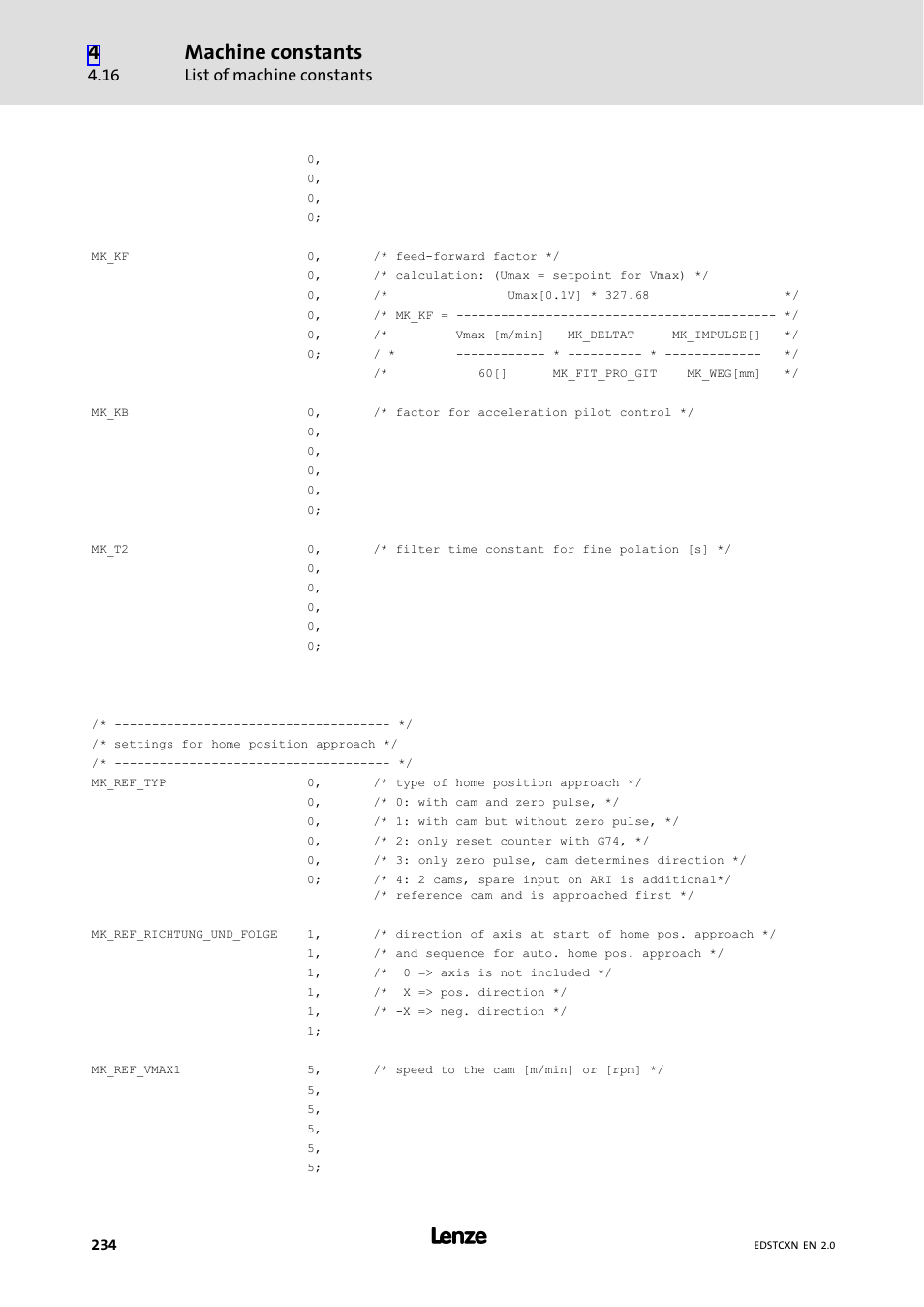 Machine constants, List of machine constants | Lenze ETC Motion Control User Manual | Page 234 / 428