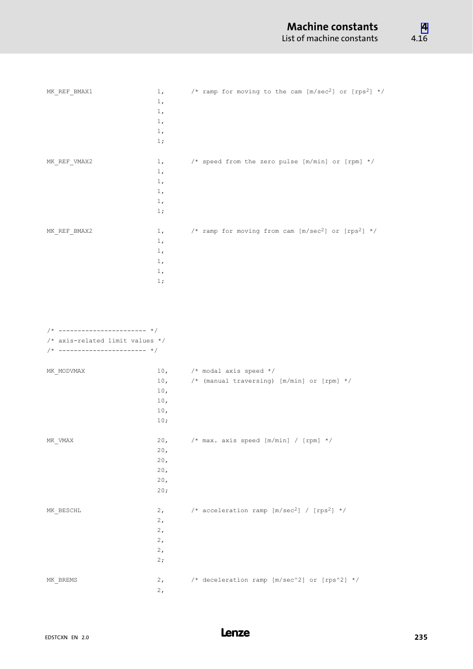 Machine constants, List of machine constants | Lenze ETC Motion Control User Manual | Page 235 / 428