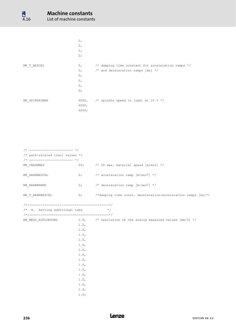 Machine constants, List of machine constants | Lenze ETC Motion Control User Manual | Page 236 / 428