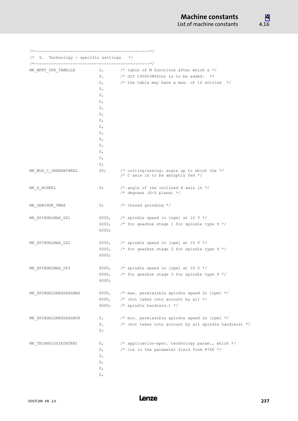 Machine constants, List of machine constants | Lenze ETC Motion Control User Manual | Page 237 / 428