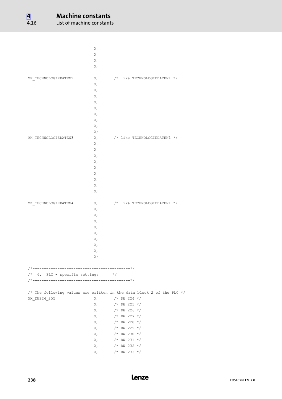 Machine constants, List of machine constants | Lenze ETC Motion Control User Manual | Page 238 / 428