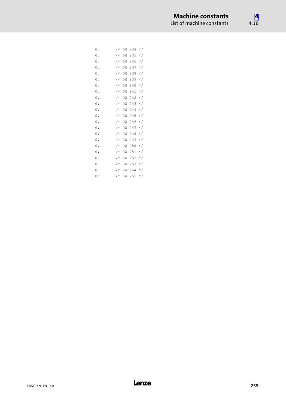 Machine constants, List of machine constants | Lenze ETC Motion Control User Manual | Page 239 / 428