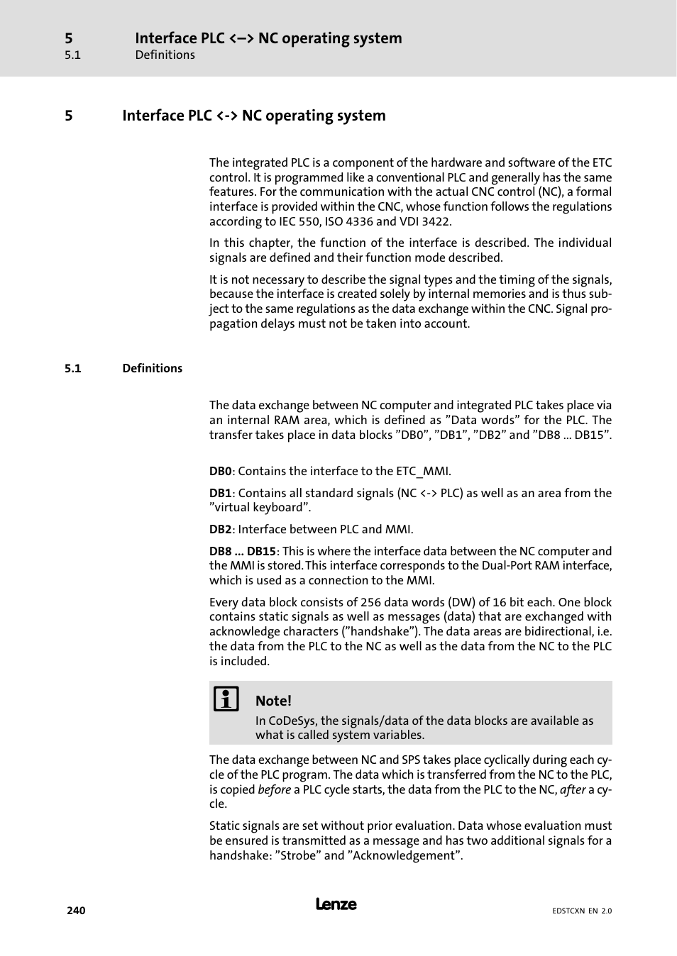 5 interface plc <-> nc operating system, 1 definitions, Interface plc <−> nc operating system | Definitions | Lenze ETC Motion Control User Manual | Page 240 / 428