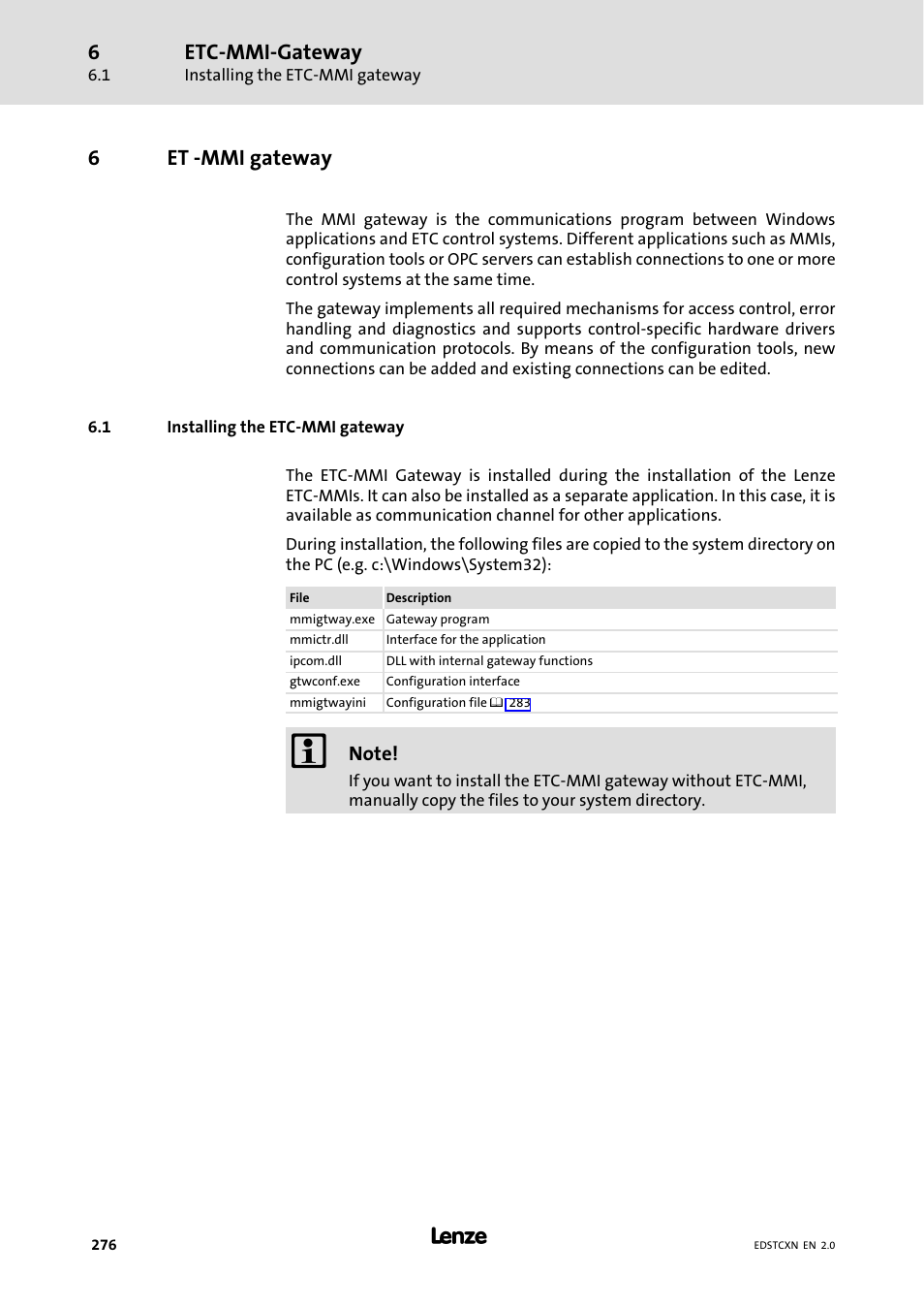 6 et -mmi gateway, 1 installing the etc-mmi gateway, Et −mmi gateway | Installing the etc−mmi gateway, Etc−mmi−gateway, 6et −mmi gateway | Lenze ETC Motion Control User Manual | Page 276 / 428