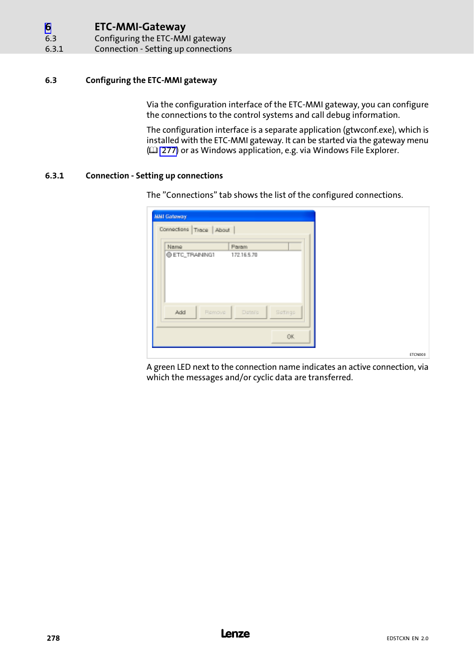3 configuring the etc-mmi gateway, 1 connection - setting up connections, Configuring the etc−mmi gateway | Connection − setting up connections, Etc−mmi−gateway | Lenze ETC Motion Control User Manual | Page 278 / 428