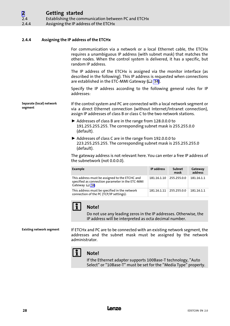 4 assigning the ip address of the etchx, Assigning the ip address of the etchx, Getting started | Lenze ETC Motion Control User Manual | Page 28 / 428