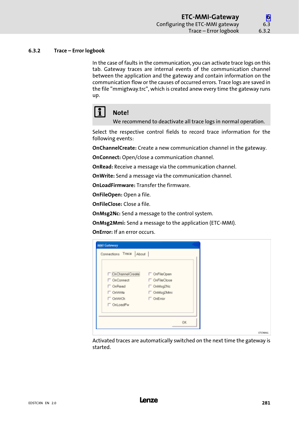 2 trace - error logbook, Trace – error logbook | Lenze ETC Motion Control User Manual | Page 281 / 428