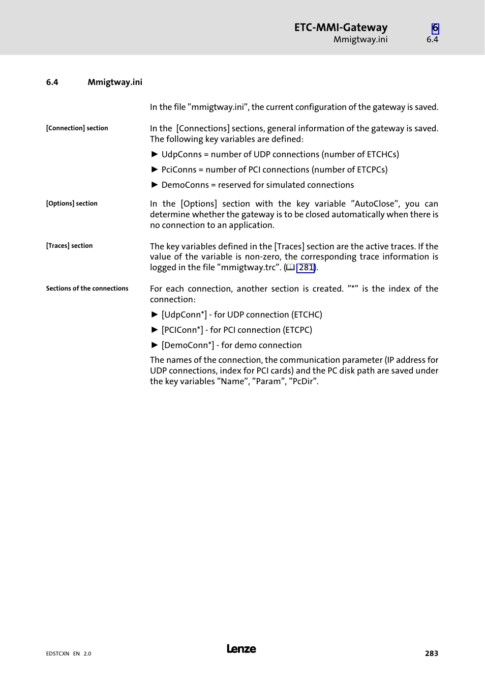 4 mmigtway.ini, Mmigtway.ini, Etc−mmi−gateway | Lenze ETC Motion Control User Manual | Page 283 / 428