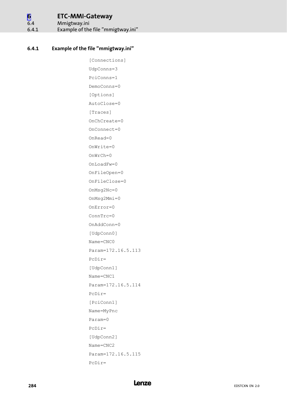 1 example of the file "mmigtway.ini, Example of the file "mmigtway.ini, Etc−mmi−gateway | Lenze ETC Motion Control User Manual | Page 284 / 428
