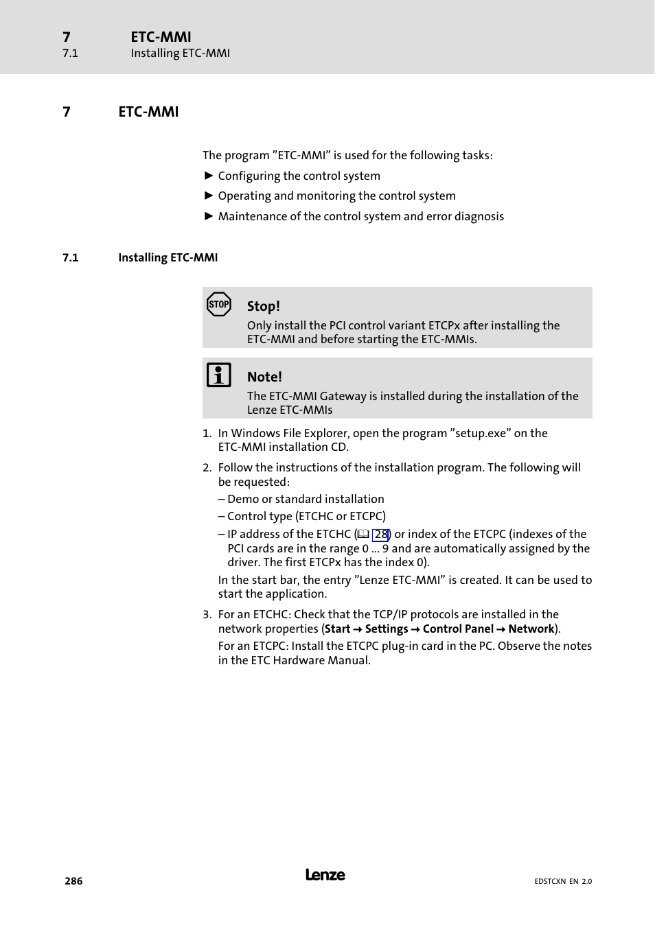 7 etc-mmi, 1 installing etc-mmi, Etc−mmi | Installing etc−mmi | Lenze ETC Motion Control User Manual | Page 286 / 428