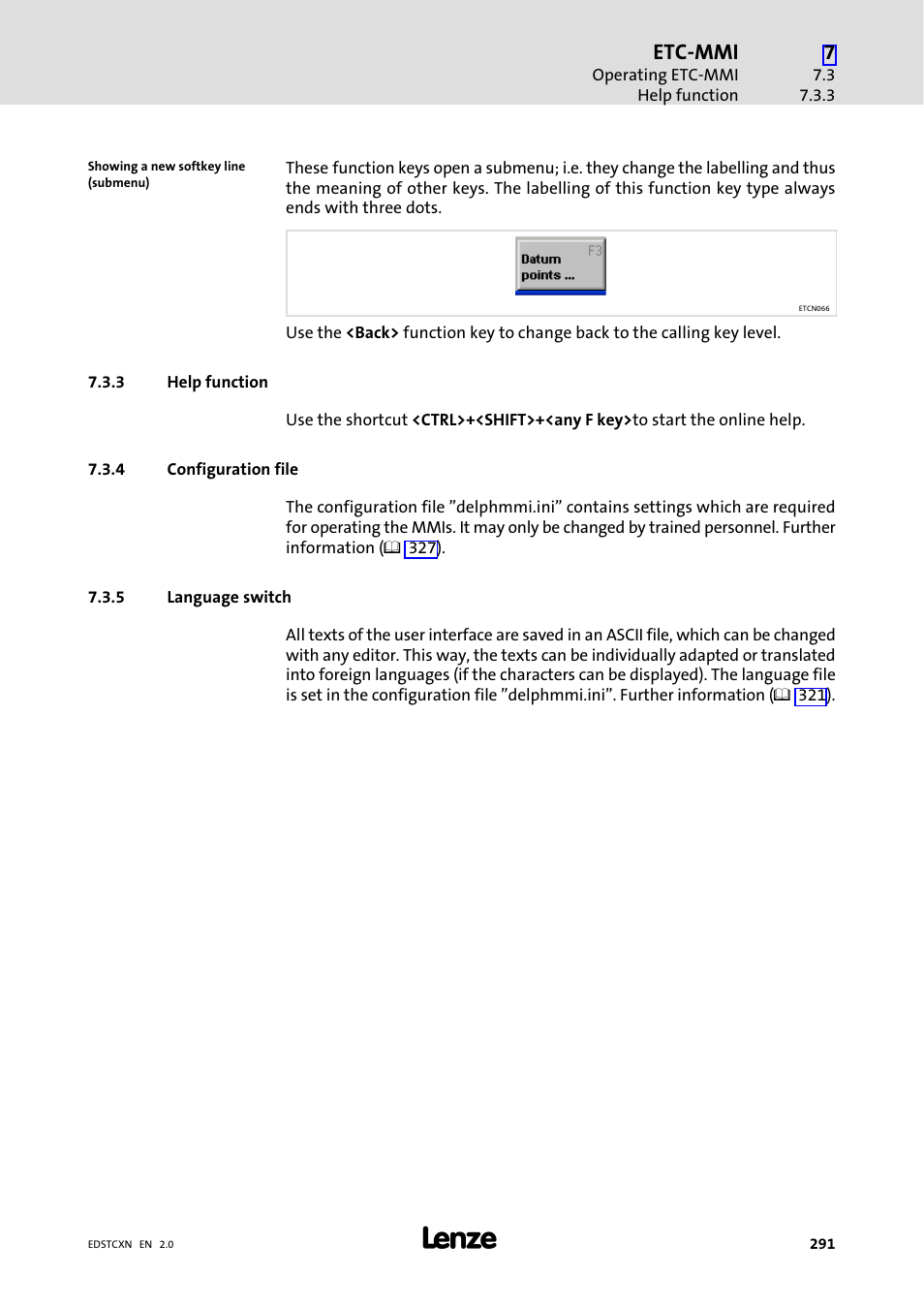 3 help function, 4 configuration file, 5 language switch | Help function, Configuration file, Language switch, Etc−mmi | Lenze ETC Motion Control User Manual | Page 291 / 428