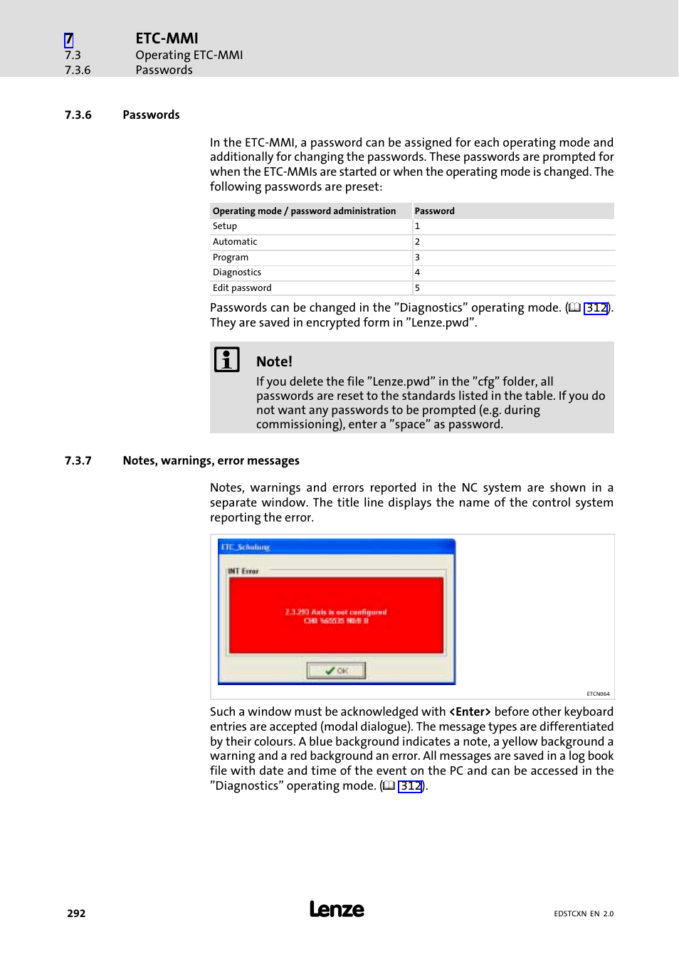 6 passwords, 7 notes, warnings, error messages, Passwords | Notes, warnings, error messages, Etc−mmi | Lenze ETC Motion Control User Manual | Page 292 / 428