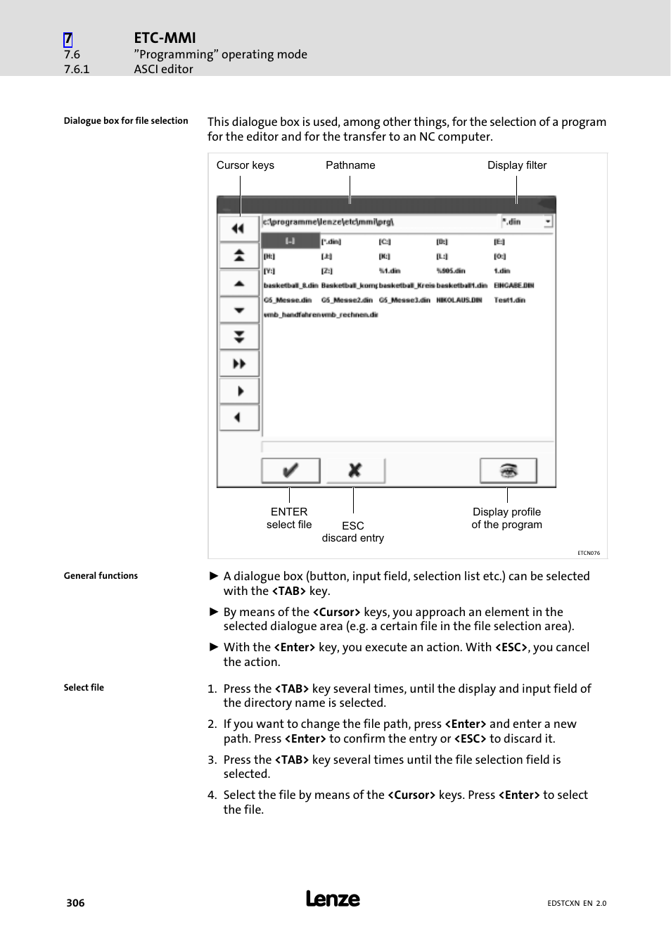 306). here you can enter, Directory and file name, 306). here you can enter dialogue | Etc−mmi | Lenze ETC Motion Control User Manual | Page 306 / 428