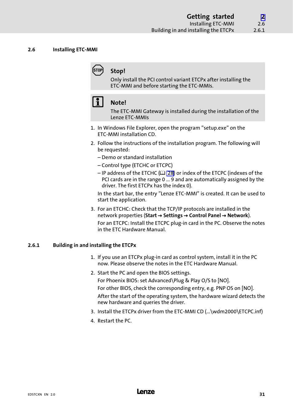 6 installing etc-mmi, 1 building in and installing the etcpx, Installing etc−mmi | Building in and installing the etcpx | Lenze ETC Motion Control User Manual | Page 31 / 428