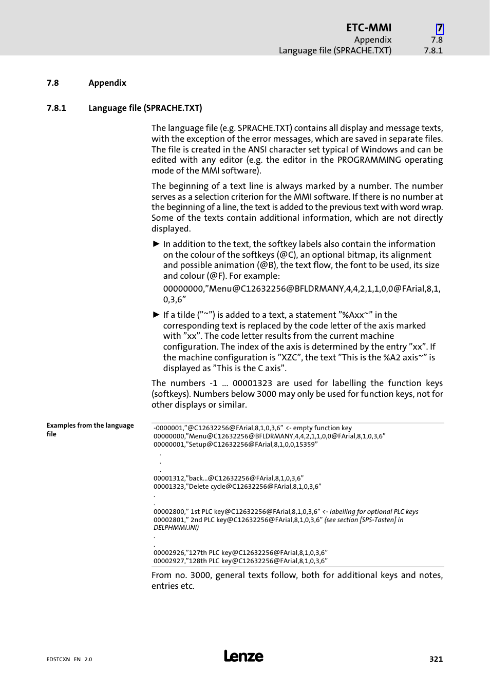 8 appendix, 1 language file (sprache.txt), Appendix | Language file (sprache.txt), Etc−mmi | Lenze ETC Motion Control User Manual | Page 321 / 428