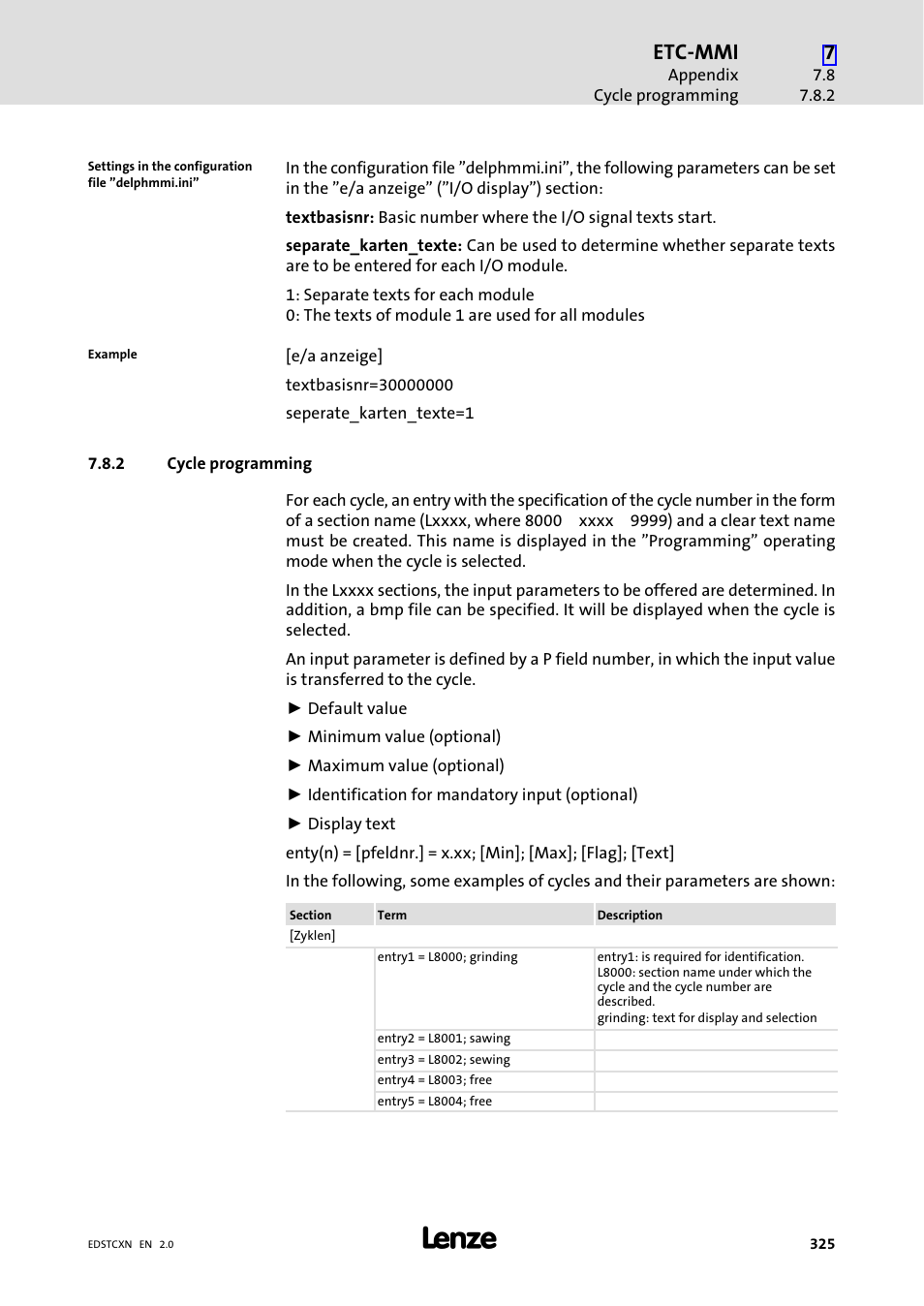 2 cycle programming, Cycle programming, Etc−mmi | Lenze ETC Motion Control User Manual | Page 325 / 428