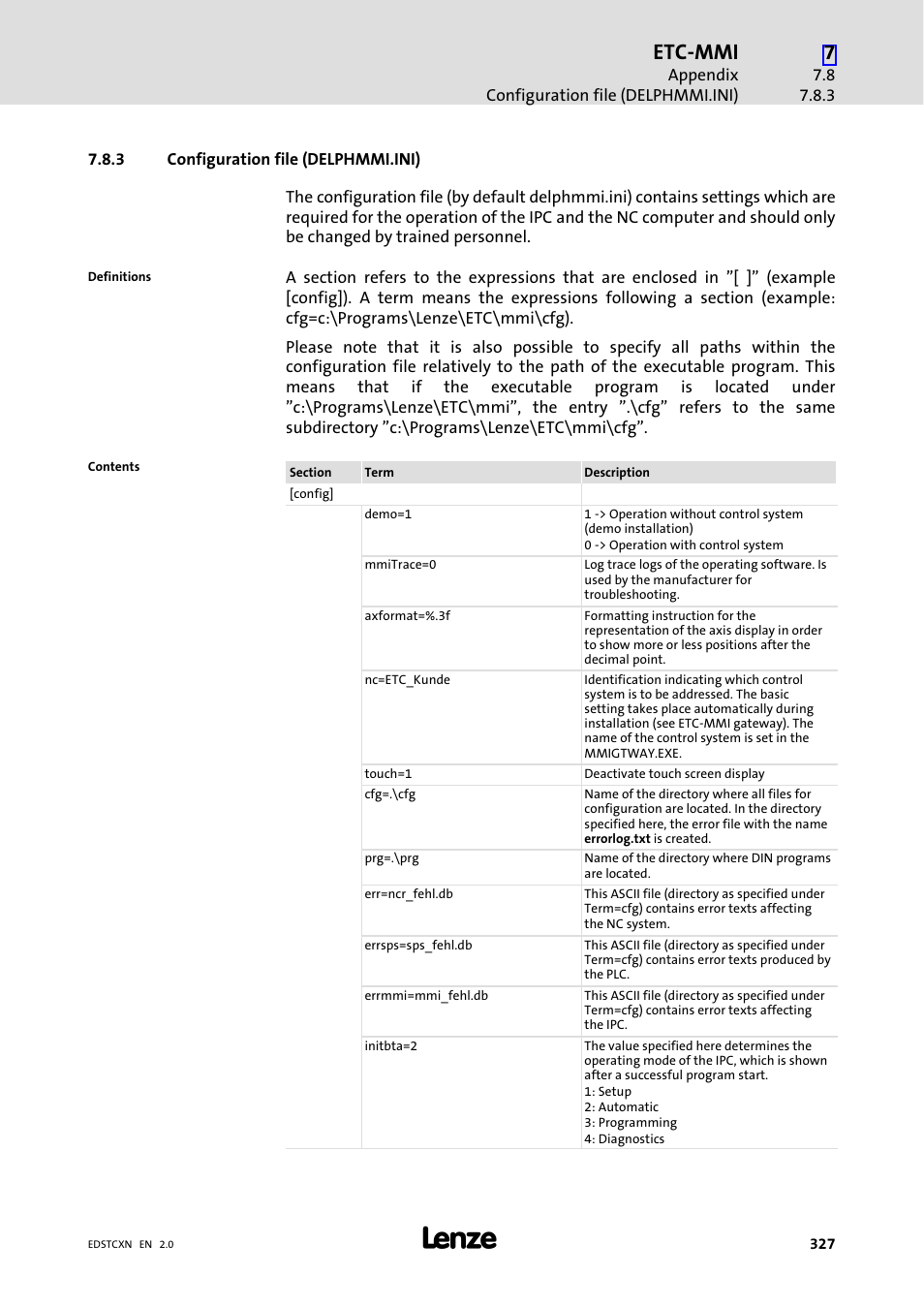 3 configuration file (delphmmi.ini), Configuration file (delphmmi.ini), Etc−mmi | Lenze ETC Motion Control User Manual | Page 327 / 428