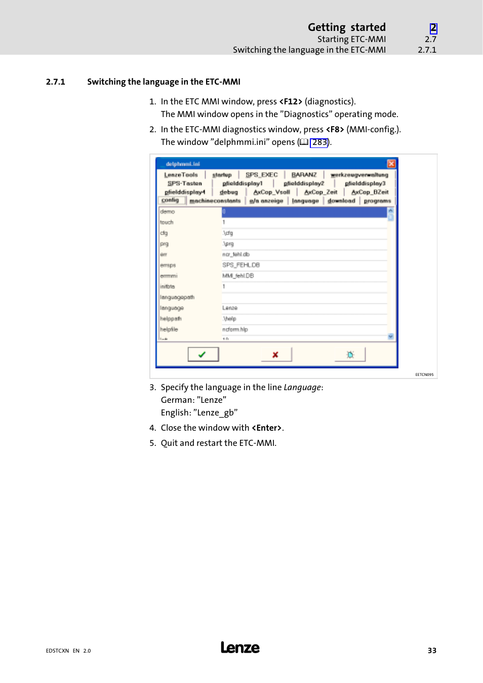 1 switching the language in the etc-mmi, Switching the language in the etc−mmi, Getting started | Lenze ETC Motion Control User Manual | Page 33 / 428