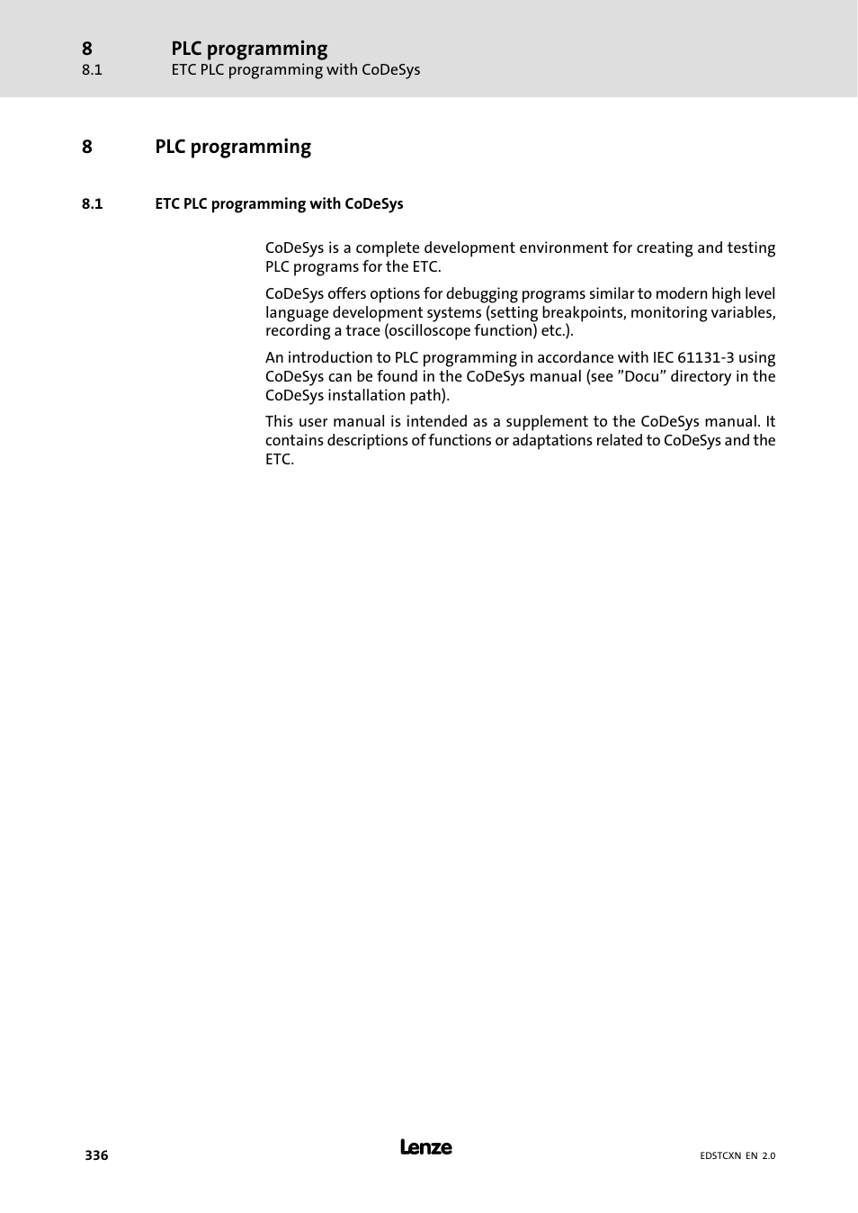 8 plc programming, 1 etc plc programming with codesys, Plc programming | Etc plc programming with codesys | Lenze ETC Motion Control User Manual | Page 336 / 428