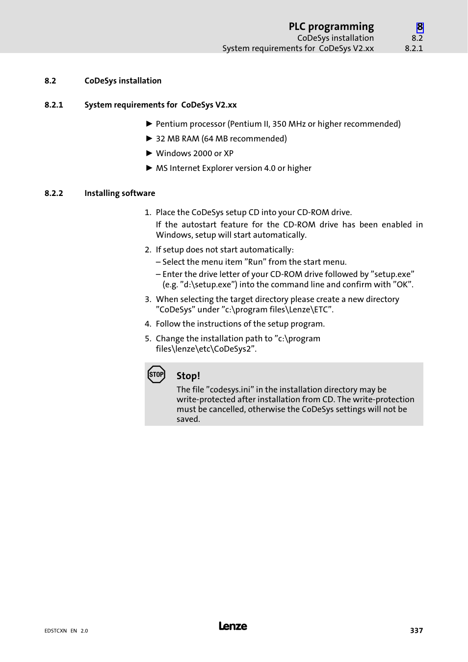 2 codesys installation, 1 system requirements for codesys v2.xx, 2 installing software | Codesys installation, System requirements for codesys v2.xx, Installing software, Plc programming | Lenze ETC Motion Control User Manual | Page 337 / 428