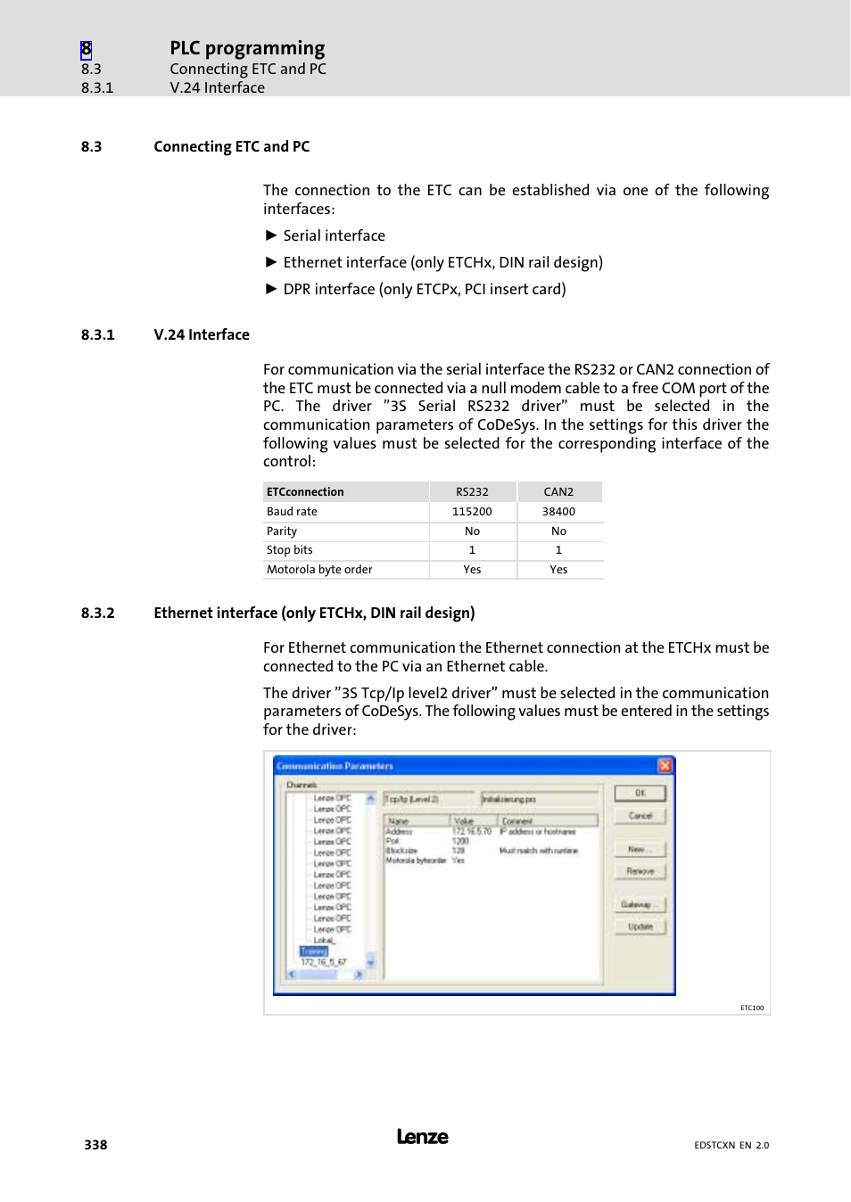 3 connecting etc and pc, 1 v.24 interface, 2 ethernet interface (only etchx, din rail design) | Connecting etc and pc, V.24 interface, Ethernet interface (only etchx, din rail design), Plc programming | Lenze ETC Motion Control User Manual | Page 338 / 428