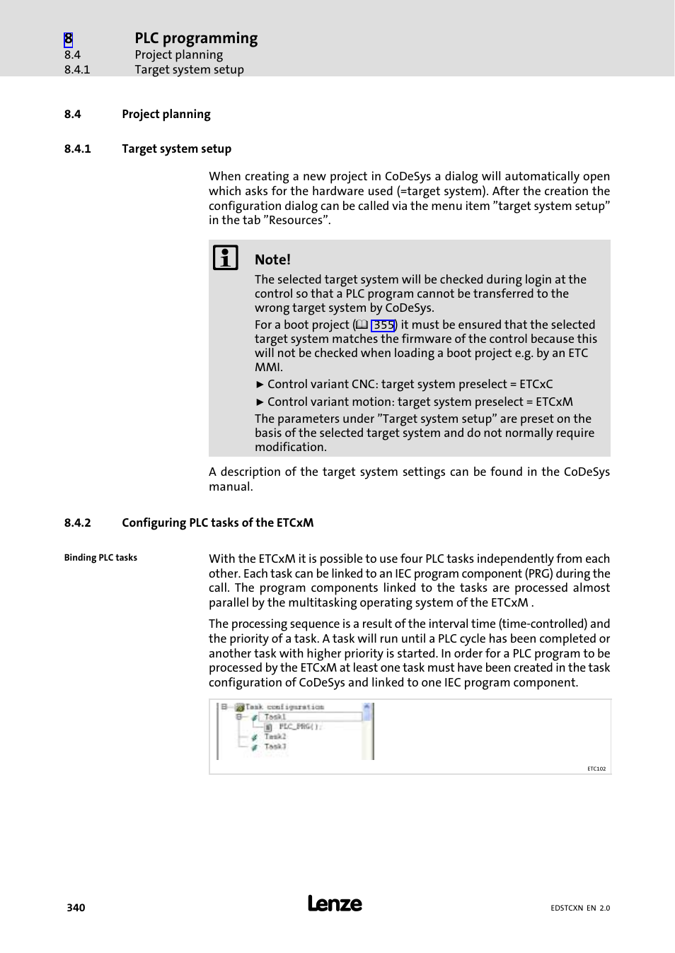 4 project planning, 1 target system setup, 2 configuring plc tasks of the etcxm | Project planning, Target system setup, Configuring plc tasks of the etcxm, Plc programming | Lenze ETC Motion Control User Manual | Page 340 / 428