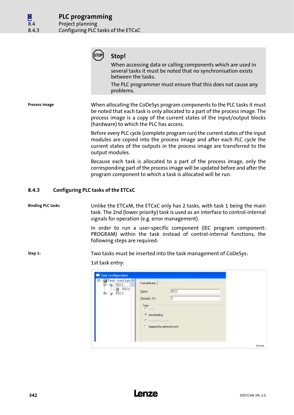 3 configuring plc tasks of the etcxc, Configuring plc tasks of the etcxc | Lenze ETC Motion Control User Manual | Page 342 / 428