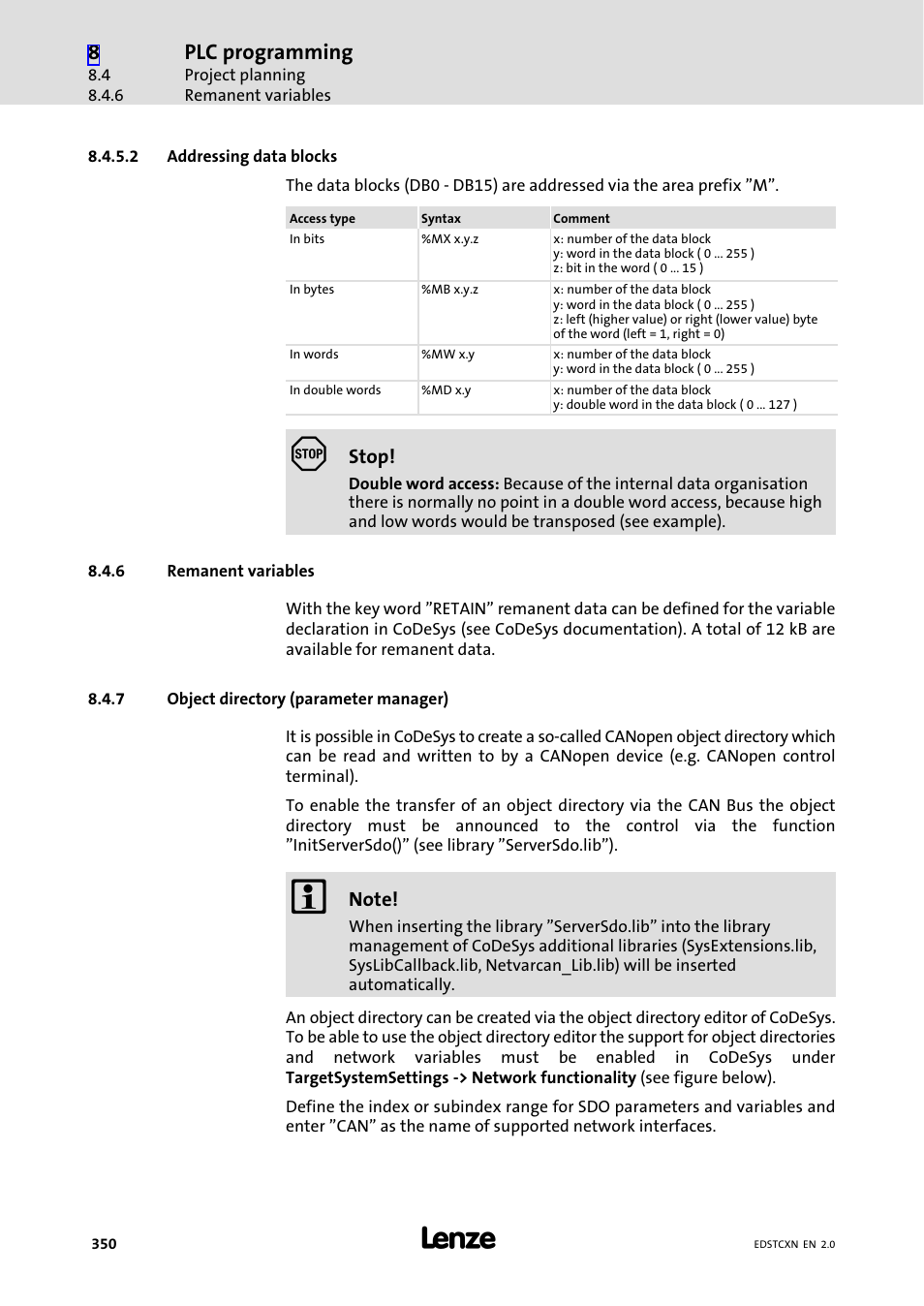 6 remanent variables, 7 object directory (parameter manager), Remanent variables | Object directory (parameter manager), Plc programming | Lenze ETC Motion Control User Manual | Page 350 / 428