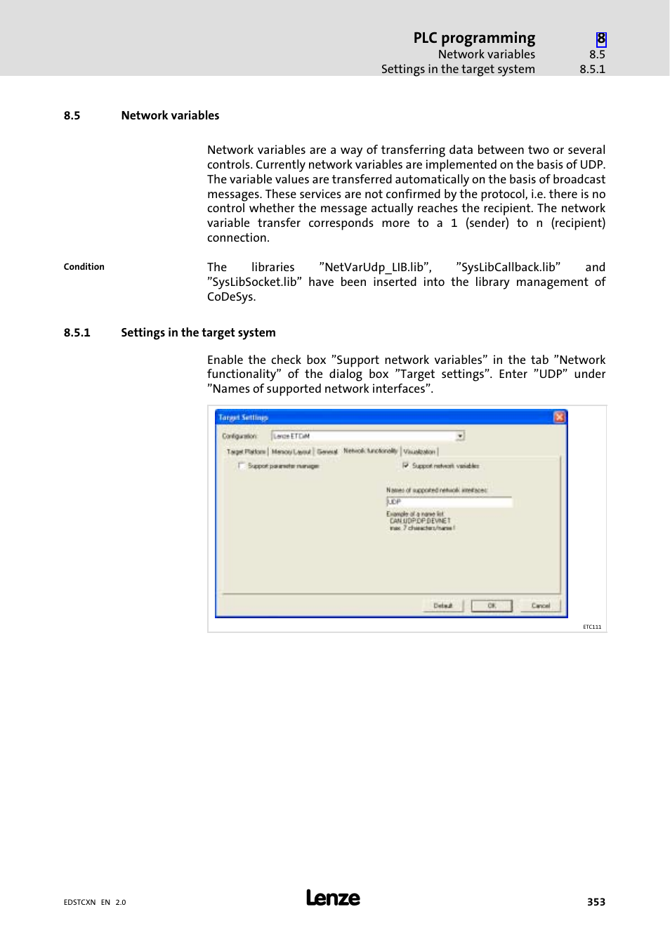 5 network variables, 1 settings in the target system, Network variables | Settings in the target system, Plc programming | Lenze ETC Motion Control User Manual | Page 353 / 428