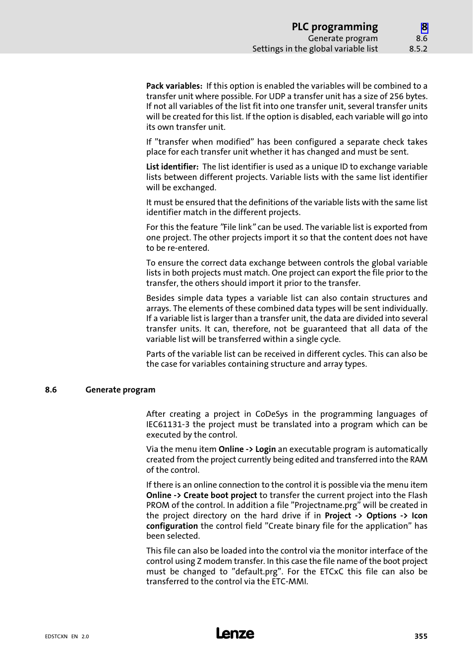 6 generate program, Generate program | Lenze ETC Motion Control User Manual | Page 355 / 428