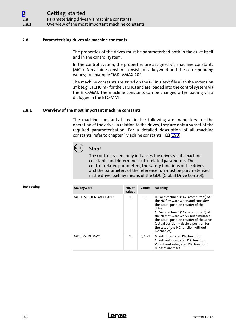 8 parameterising drives via machine constants, 1 overview of the most important machine constants, Parameterising drives via machine constants | Overview of the most important machine constants, Getting started | Lenze ETC Motion Control User Manual | Page 36 / 428