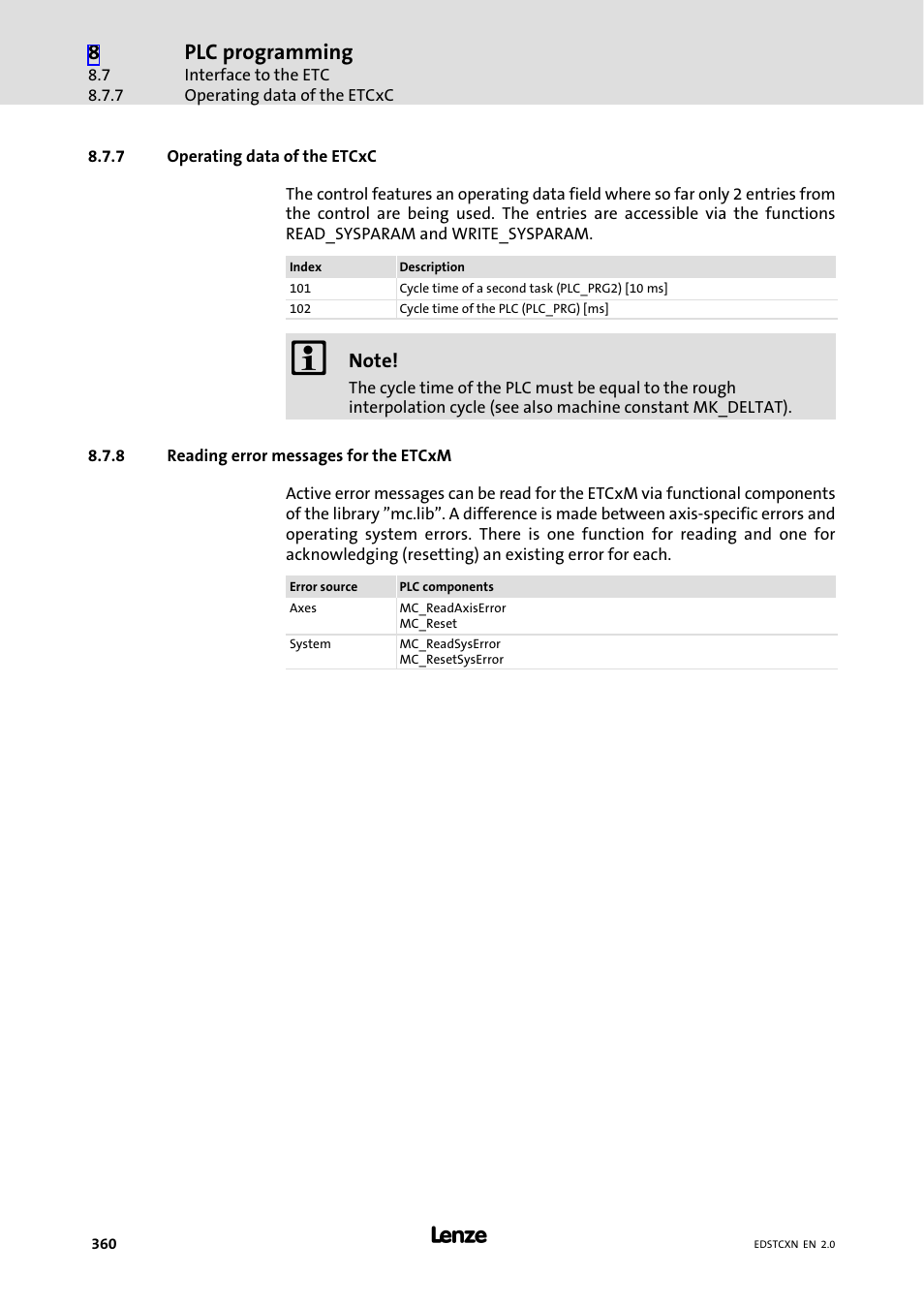 7 operating data of the etcxc, 8 reading error messages for the etcxm, Operating data of the etcxc | Reading error messages for the etcxm, Plc programming | Lenze ETC Motion Control User Manual | Page 360 / 428