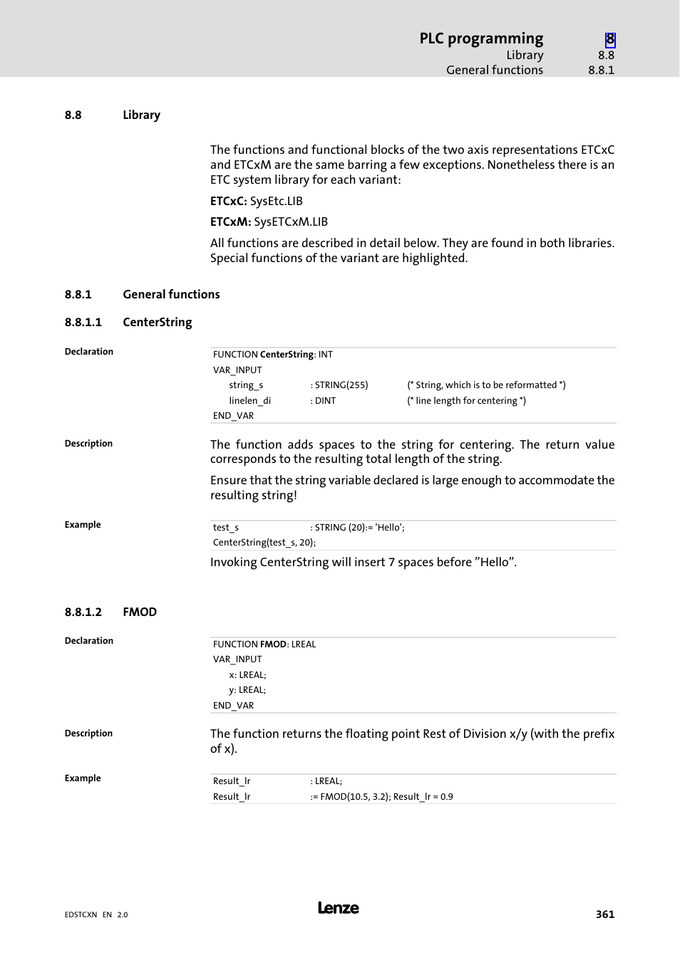 8 library, 1 general functions, Library | General functions, Plc programming | Lenze ETC Motion Control User Manual | Page 361 / 428