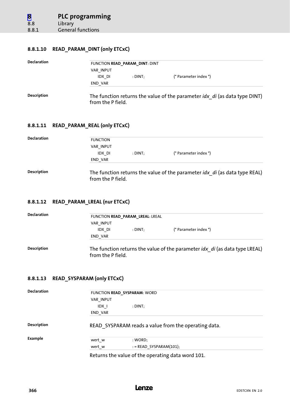 Plc programming | Lenze ETC Motion Control User Manual | Page 366 / 428